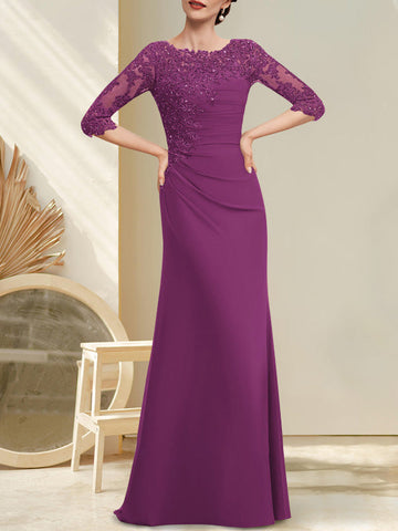 A-line Scoop Floor-Length Chiffon Lace Mother of the Bride Dress With Beading Pleated Sequins