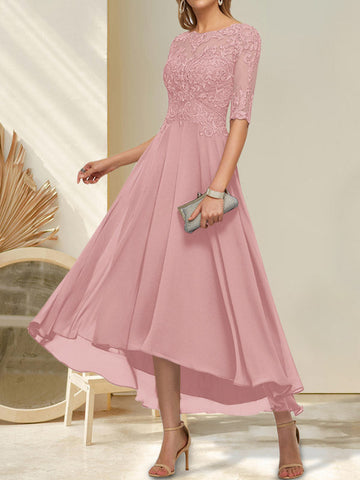 A-line Boat Neck Illusion Asymmetrical Chiffon Lace Mother of the Bride Dress With Sequins Beading