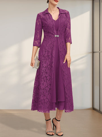 A-line V-Neck Tea-Length Chiffon Mother of the Bride Dress