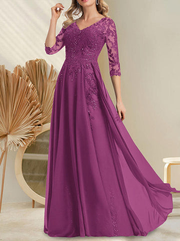 A-line V-Neck Floor-Length Lace Chiffon Mother of the Bride Dress With Sequins