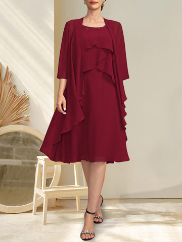 A-line Scoop Knee-Length Chiffon Mother of the Bride Dress With Beading