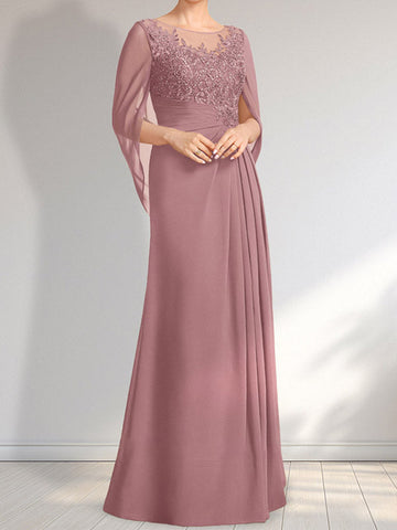 A-line Scoop Illusion Floor-Length Lace Chiffon Mother of the Bride Dress With Pleated Sequins
