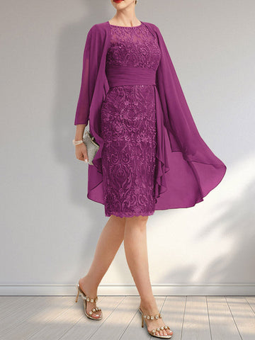 Sheath Scoop Illusion Knee-Length Lace Chiffon Mother of the Bride Dress With Cascading Ruffles Sequins