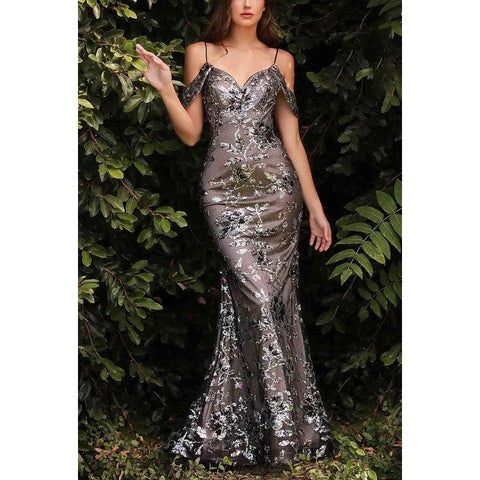 Vestido de noche largo estilo sirena con hombros descubiertos, apliques de tul y flores, sin tirantes