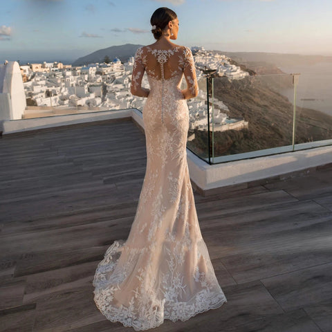 Gorgeous Long Sleeve Lace Mermaid Wedding Dresses  Luxury Appliques Button Removable Train Horn Bridal Gowns Robe De Mariée