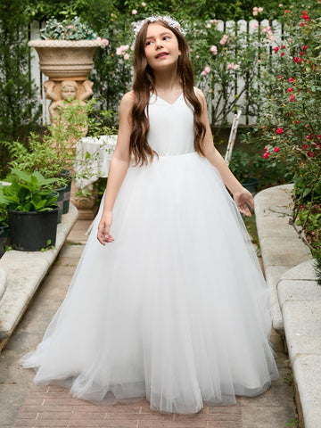 Classic White A-line Sleeveless Satin and Tulle Flower Girl Dress