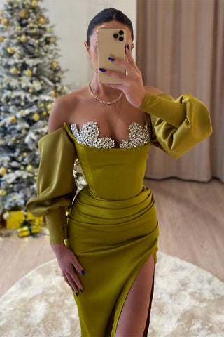 Olive Green Long Sleeves Mermaid Evening Dress Slit With Beadings