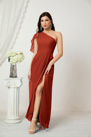 Robe de demoiselle d'honneur longue en mousseline de soie à volants et à une épaule, coupe trapèze, robe de soirée formelle fendue sur le côté, 2809