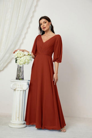 Baoleely  Formal Prom Gown Women V-Neck Chiffon Bridesmaid Dresses Long Bishop Sleeve Party Dress 2807
