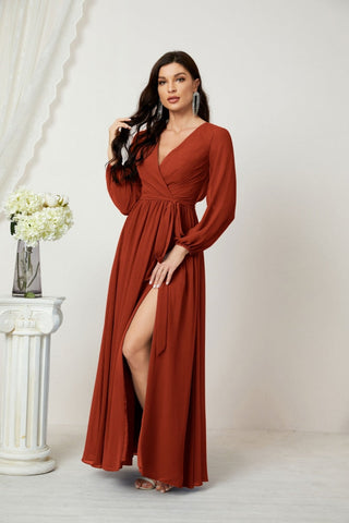 Sunnderly Evening Dresses Deep V-Neck Chiffon Bridesmaid Dresses Long Bishop Sleeve Side Split Formal Dress SY2806