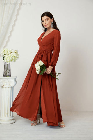 Sunnderly Evening Dresses Deep V-Neck Chiffon Bridesmaid Dresses Long Bishop Sleeve Side Split Formal Dress SY2806