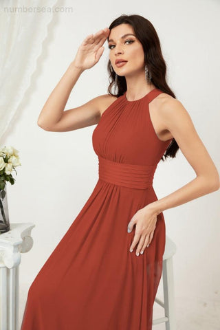 Baoleely Formal Party Gown Dress Chiffon Halter Long Sleeveless Bridesmaid Dresses 2802