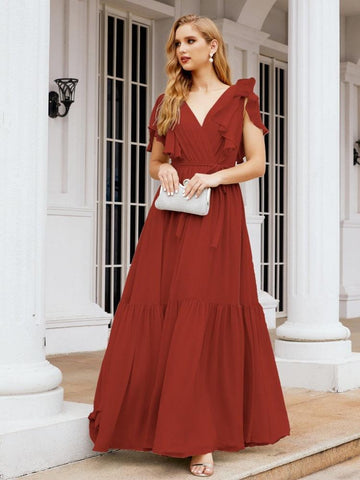 Baoleely Women's Open Back Formal Evening Party Prom Gowns V-Neck Long Chiffon Bridesmaid Dresses with Waist Belt 28038