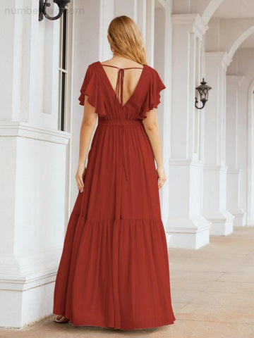 Baoleely Women's Open Back Formal Evening Party Prom Gowns V-Neck Long Chiffon Bridesmaid Dresses with Waist Belt 28038