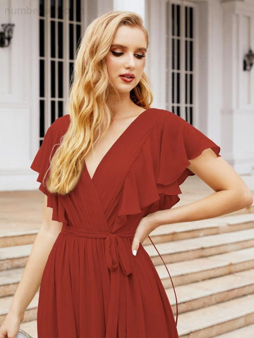 Baoleely Women's Open Back Formal Evening Party Prom Gowns V-Neck Long Chiffon Bridesmaid Dresses with Waist Belt 28038