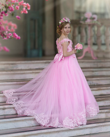 Ball-Gown/Princess Lace Sweep Train Pink Birthday Dress