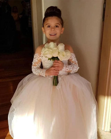 Long Sleeve Tulle Lace Flower Girl Dress With Bowknot