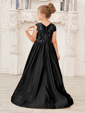 A-line Lace Satin Floor-length Flower Girl Dress