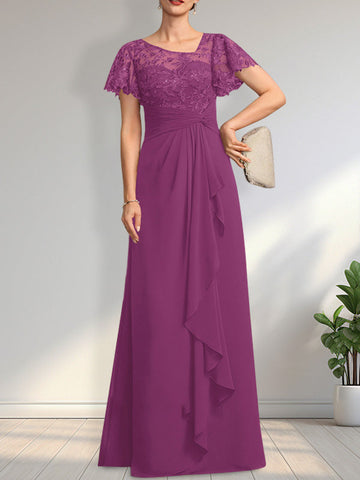 A-line Asymmetrical Illusion Floor-Length Lace Chiffon Mother of the Bride Dress With Cascading Ruffles Sequins