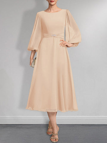 A-line Scoop Tea-Length Chiffon Mother of the Bride Dress With Crystal Brooch Pleated