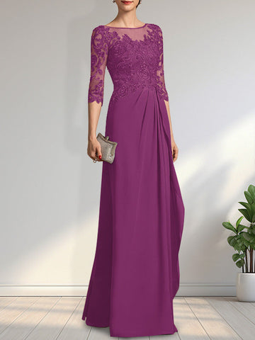 A-line Scoop Illusion Floor-Length Chiffon Lace Mother of the Bride Dress With Beading Sequins Cascading Ruffles