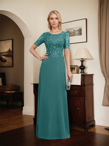 A-line Scoop Floor-Length Lace Chiffon Mother of the Bride Dress With Sequins