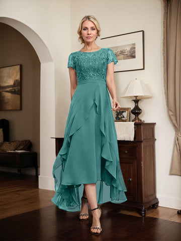 A-line Scoop Illusion Asymmetrical Chiffon Lace Mother of the Bride Dress With Bow Ruffle Sequins