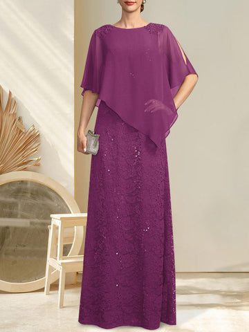 Sheath/Column Scoop Floor-Length Chiffon Lace Mother of the Bride Dress With Sequins Beading