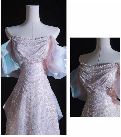 Vestido largo de fiesta rosa de corte A con hombros descubiertos, tul, lentejuelas y cuentas, modelo Y8050