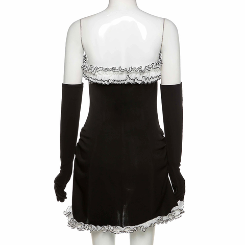Robe bustier noire de soirée, robe bandage blanche à volants asymétriques, robe de bal noire Y2617