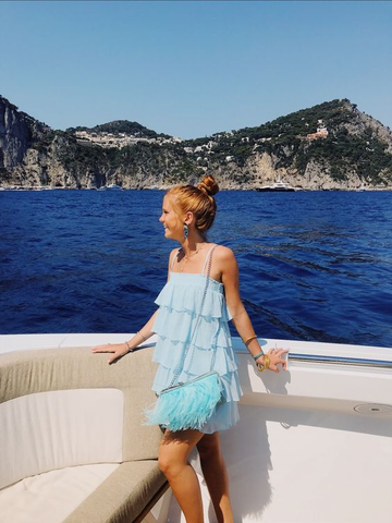 Vestido corto azul de capas para fiesta de bienvenida, vestido de vacaciones de verano Y415