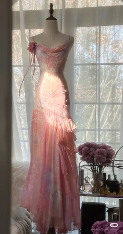 Vestido largo de noche de sirena con cuentas y gasa rosa, modelo Y8425