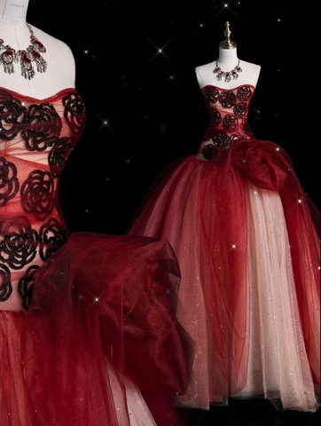 Magnifique robe de bal bordeaux en tulle à sequins, robe de soirée formelle Y8010