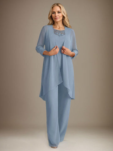 Chiffon Scoop Long Sleeves Mother Of The Bride Pantsuits With Jacket