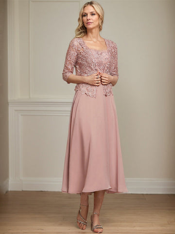 A-line Square Tea-Length Chiffon Lace Mother of the Bride Dress With Sequins Beading