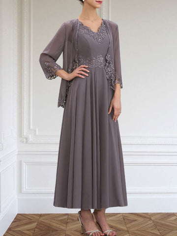 A-line V-Neck Ankle-Length Chiffon Mother of the Bride Dress With Sequins Appliques Lace Beading