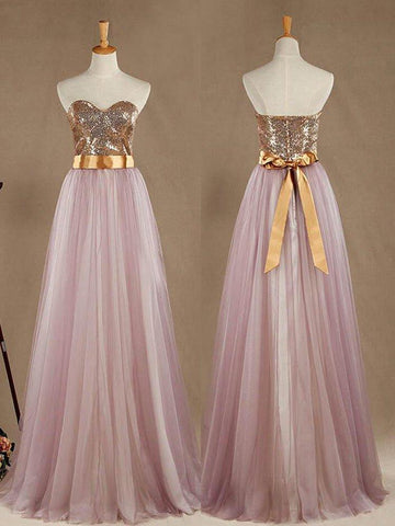 Robe de bal en tulle violet clair, robe de demoiselle d'honneur, coupe trapèze, décolleté en cœur, paillettes dorées, robe de soirée sans bretelles 