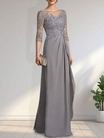 A-line Scoop Illusion Floor-Length Chiffon Lace Mother of the Bride Dress With Beading Sequins Cascading Ruffles