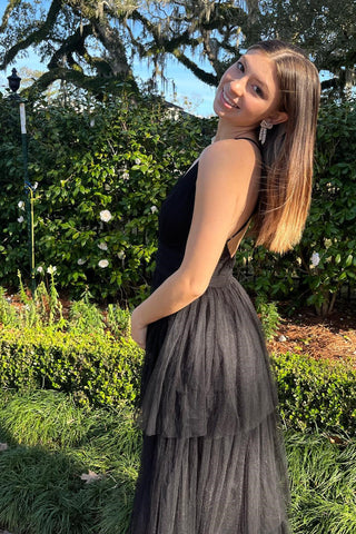 A-line Deep V Neck Cross Back Tulle Multi-Layers Long Prom Dress