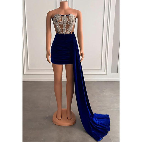 Vestido africano corto de terciopelo con cuentas pesadas y sin tirantes para fiesta de graduación para chica negra 