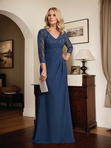 Sheath/Column V-Neck Illusion Floor-Length Lace Chiffon Mother of the Bride Dress With Pleated Sequins
