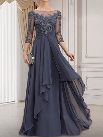 A-line Scoop Illusion Floor-Length Lace Chiffon Mother of the Bride Dress With Cascading Ruffles