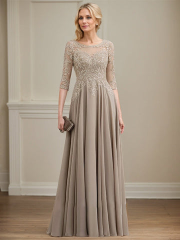 A-line Scoop Illusion Floor-Length Lace Chiffon Mother of the Bride Dress With Sequins