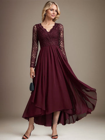 A-line V-Neck Asymmetrical Lace Chiffon Mother of the Bride Dress