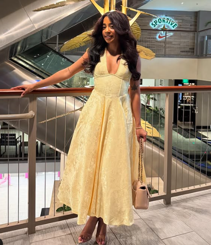 Robe de soirée sexy dos nu à décolleté plongeant en V, jaune satin imprimé, robe de bal Y8249