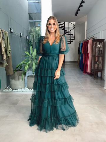 Robe de bal verte en tulle multicouche, coupe trapèze, col en V, référence Y6218