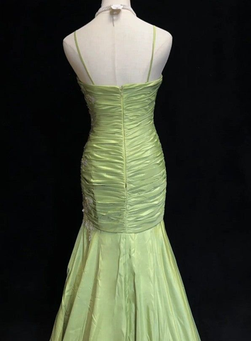 Vestido de noche largo de sirena verde vintage de satén con lentejuelas y cuentas, tirantes finos, modelo Y8556