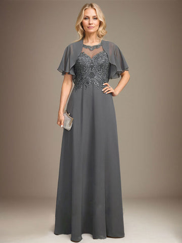 A-line Scoop Illusion Floor-Length Lace Chiffon Mother of the Bride Dress With Sequins