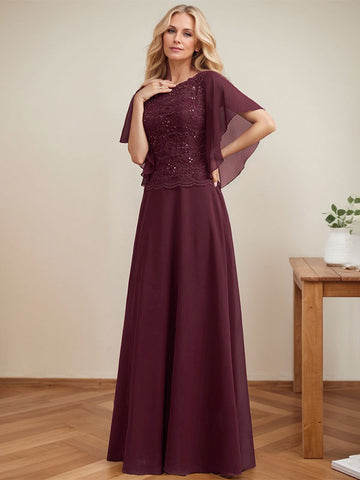 A-line Scoop Illusion Floor-Length Lace Chiffon Mother of the Bride Dress With Sequins