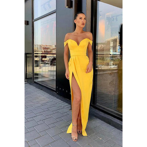 Sheath/column Prom Dress Off-the-shoulder Yellow Long Evening Gowns